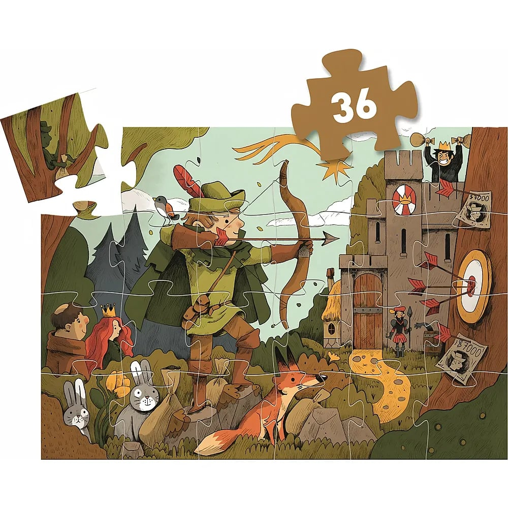 Un puzzle di Robin Hood mostra un arciere che mira a un bersaglio vicino a un castello medievale.