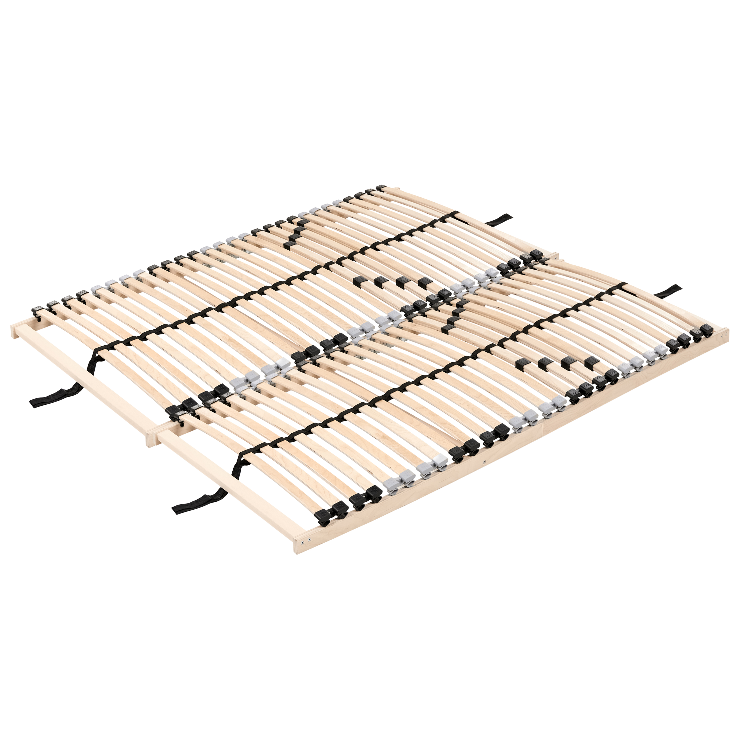 Rete a doghe in legno per letto con elementi regolabili e cappucci neri su sfondo bianco.