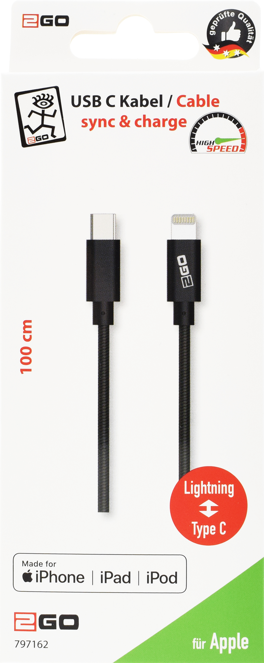 Verpackung eines 2GO USB-C auf Lightning Kabels in Schwarz mit weißer Schrift.