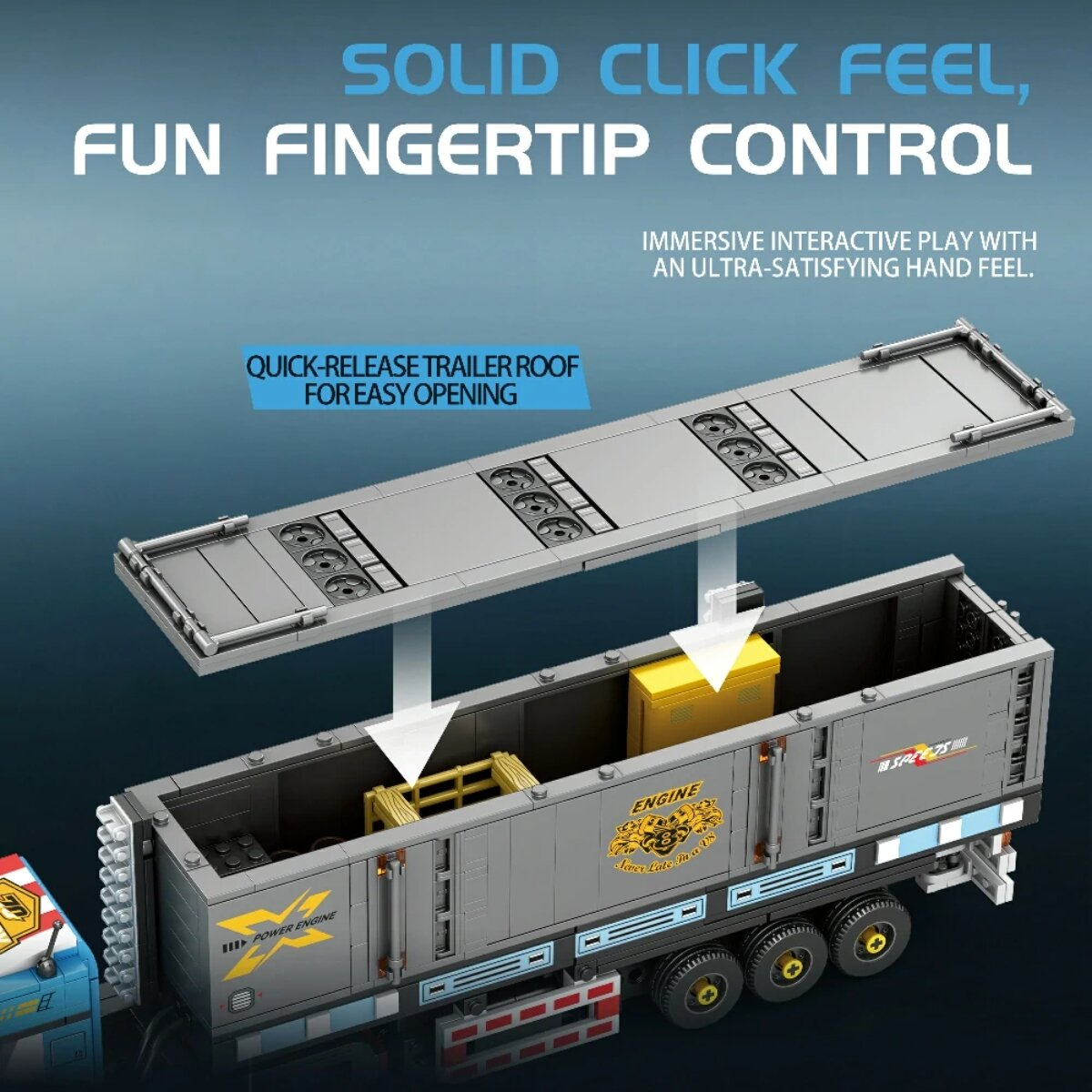 Lego-Lastwagen mit abnehmbarem Dach und gelbem Laderaum.