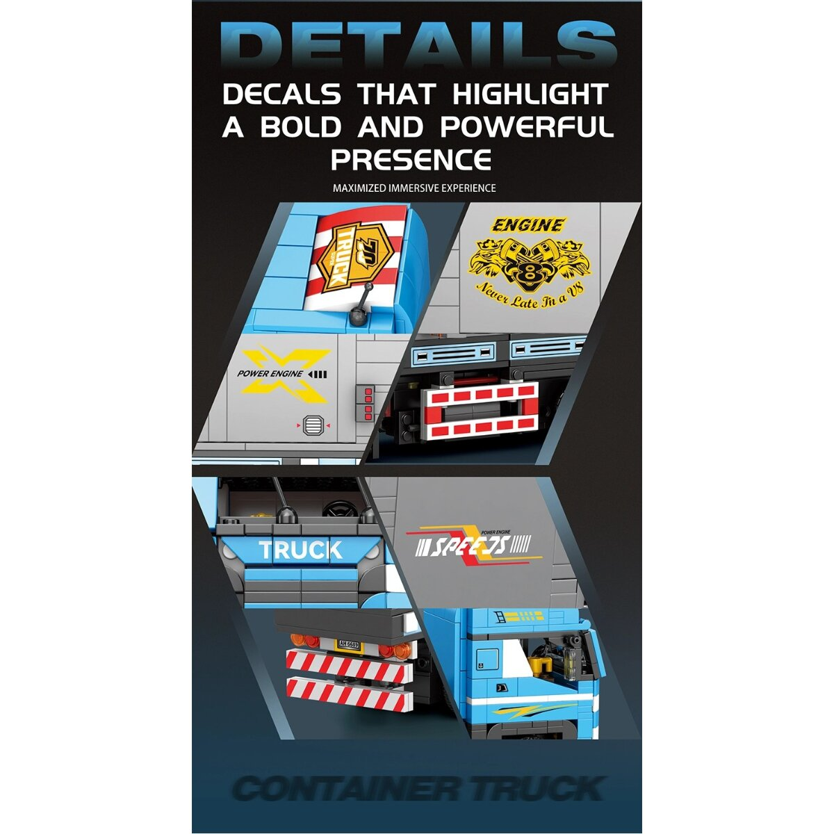 Verschiedene Ansichten eines blauen Spielzeug-Containertrucks mit Details, Abziehbildern und Texten.