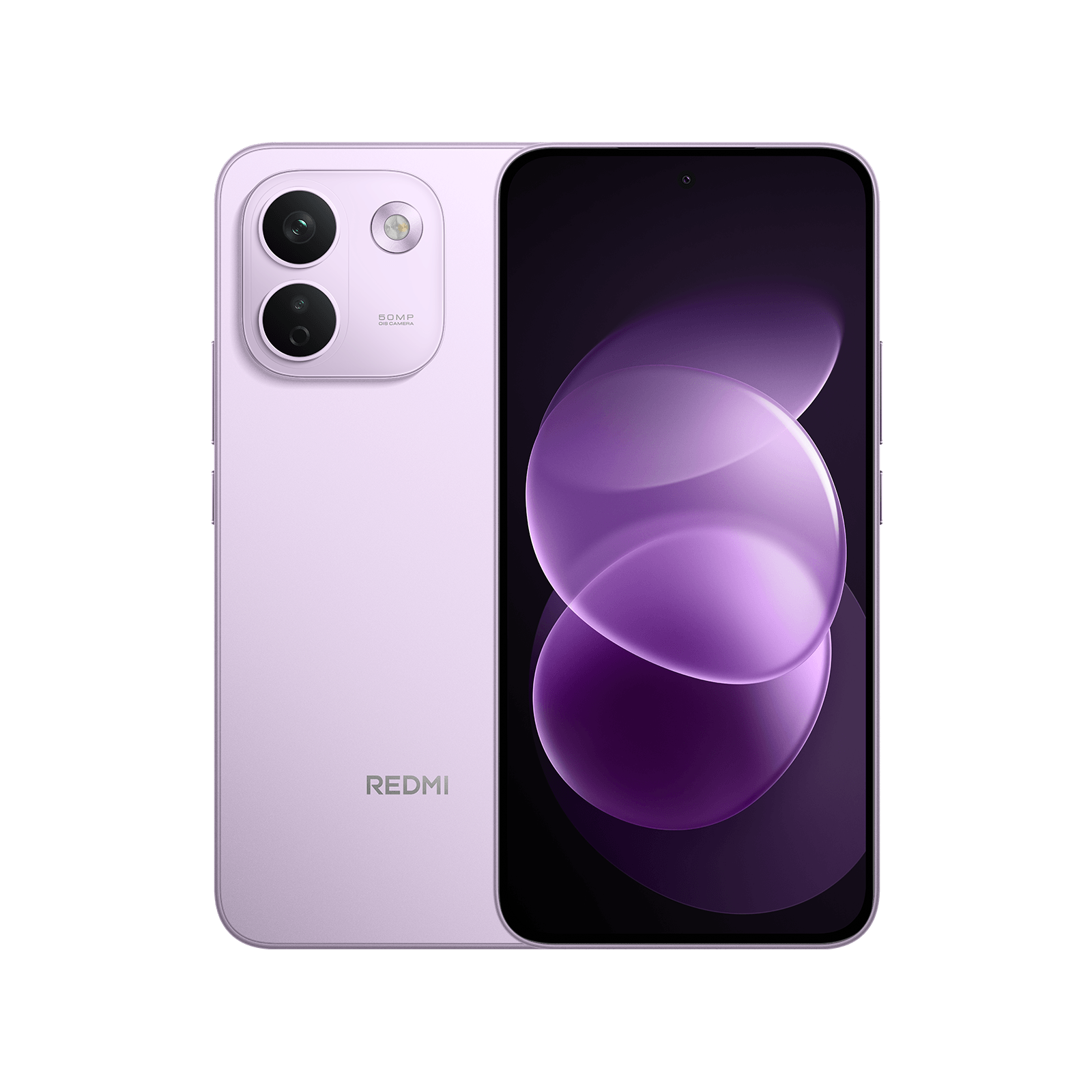 Vorder- und Rückseite eines hellpurlbraunen Redmi-Smartphones mit Dual-Kamera und abstrakten Hintergrund.