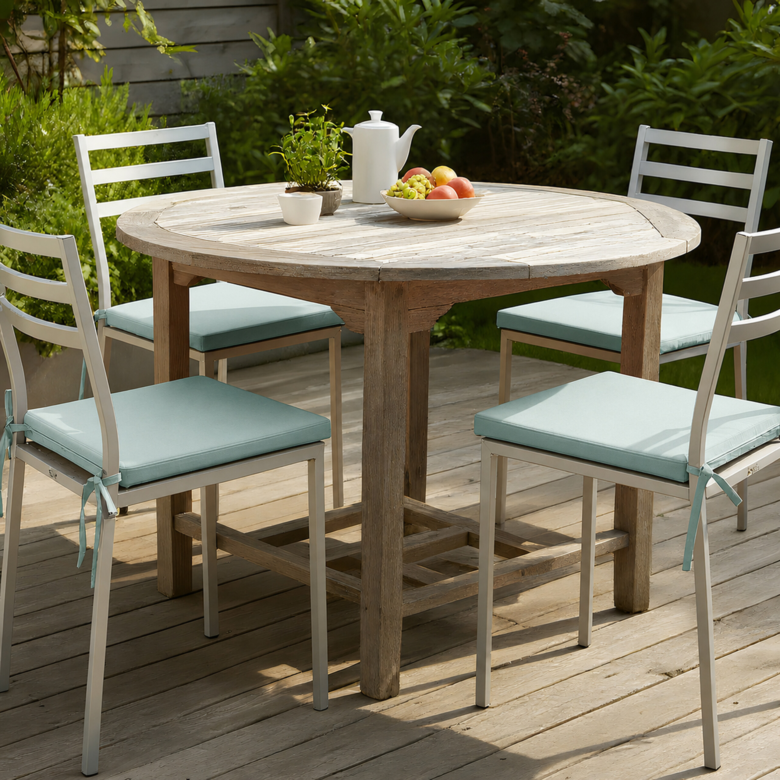 Ein Holztisch mit vier weißen Stühlen und hellblauen Kissen steht auf einer Holzterrasse im Garten.