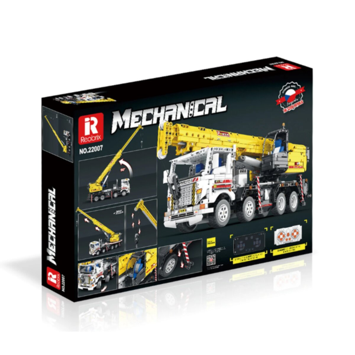 Spielzeug-Kranwagen-Baukasten in schwarzer Verpackung mit Produktfotos und technischen Details.