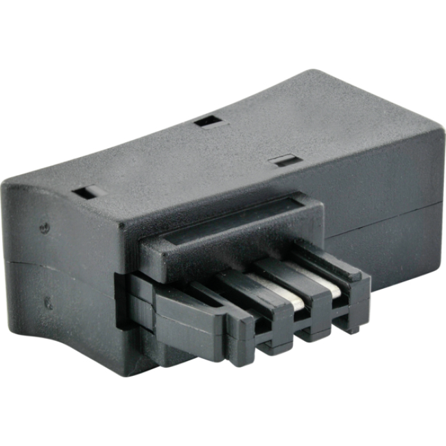 Ein schwarzer elektrischer Stecker mit Kontakten auf einer hellen Unterlage.