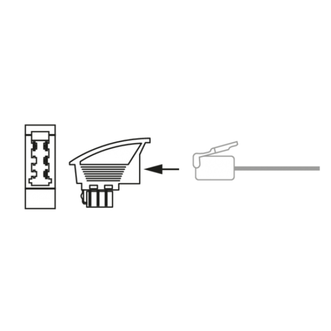 Diagramm zeigt einen Stecker, der in eine Netzwerkdose gesteckt wird, mit Pfeil.