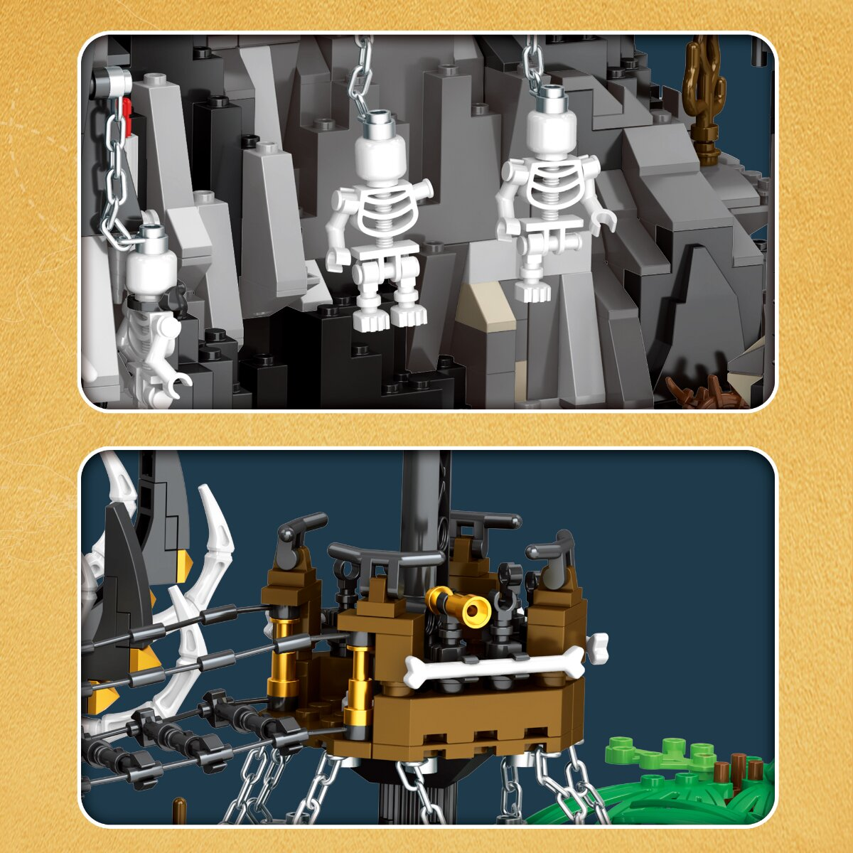 Lego-Skelette hängen an Ketten vor einer Felswand und ein kleines braunes Aussichtsdeck mit Seilen und Kanone.