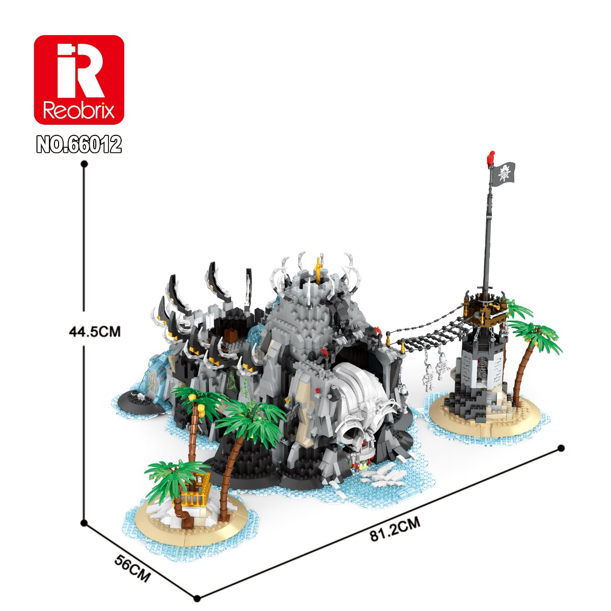 Reobrix Piraten-Insel-Set mit Schädelhöhle, Wachturm, Palmen und Maßen von 81,2x56x44,5 cm.