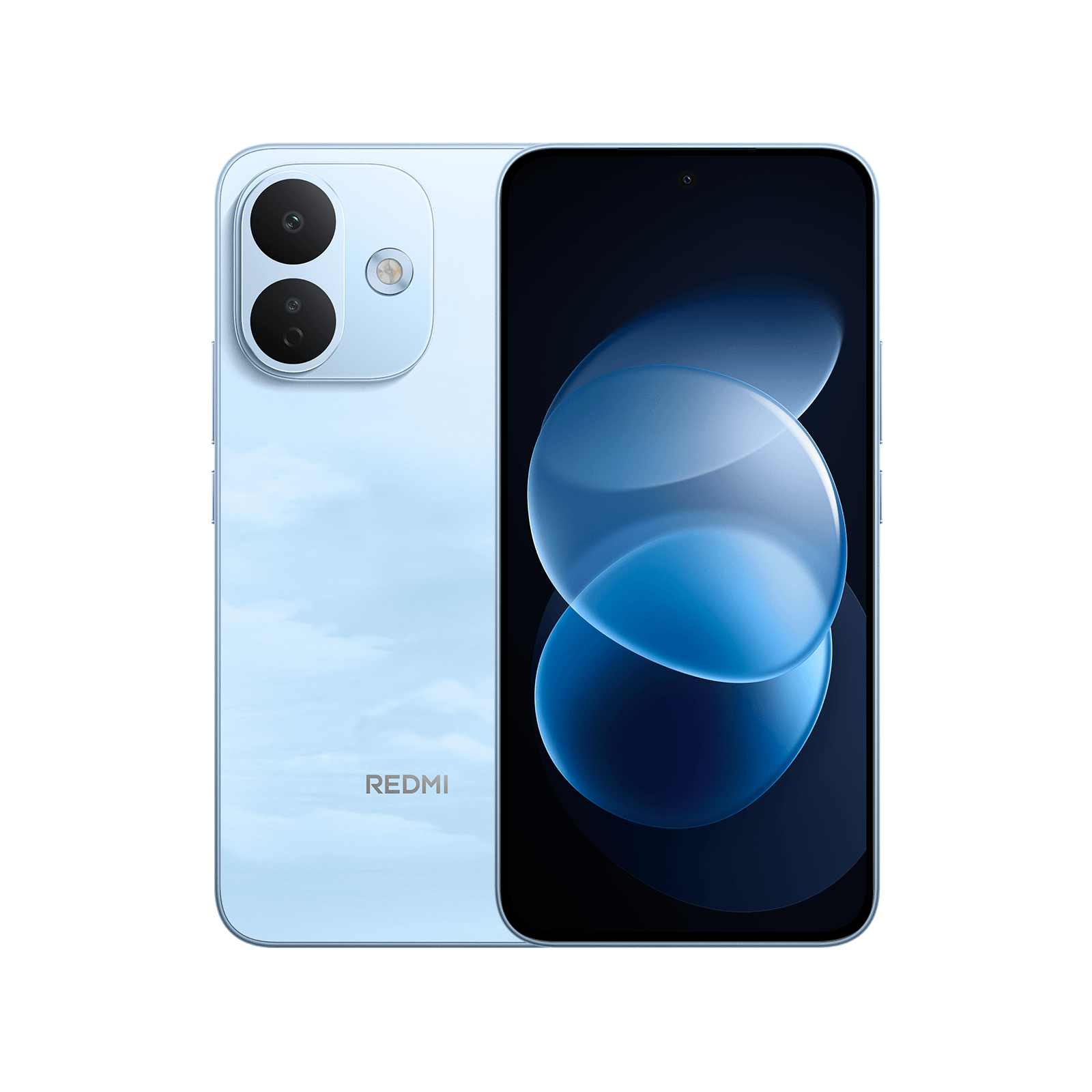 Hellblaues Redmi-Smartphone von vorne und hinten mit Dual-Kamera und blauem abstrakten Bildschirmhintergrund.
