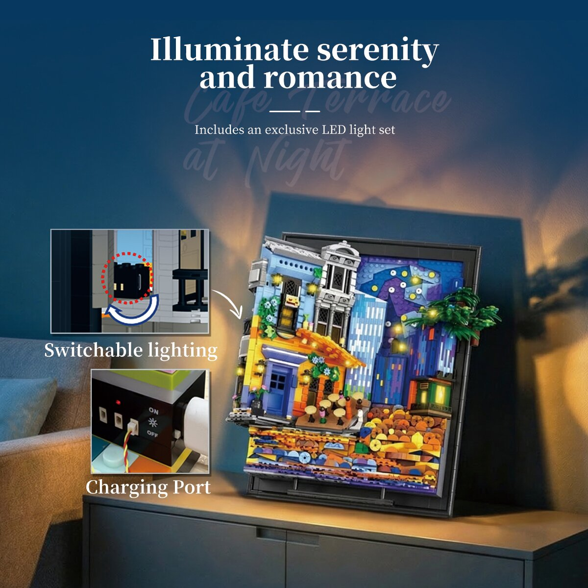 Ein gerahmtes Lego-Kunstwerk mit LED-Beleuchtung, das in Inset-Diagrammen schaltbare Beleuchtung und Ladeanschluss zeigt.