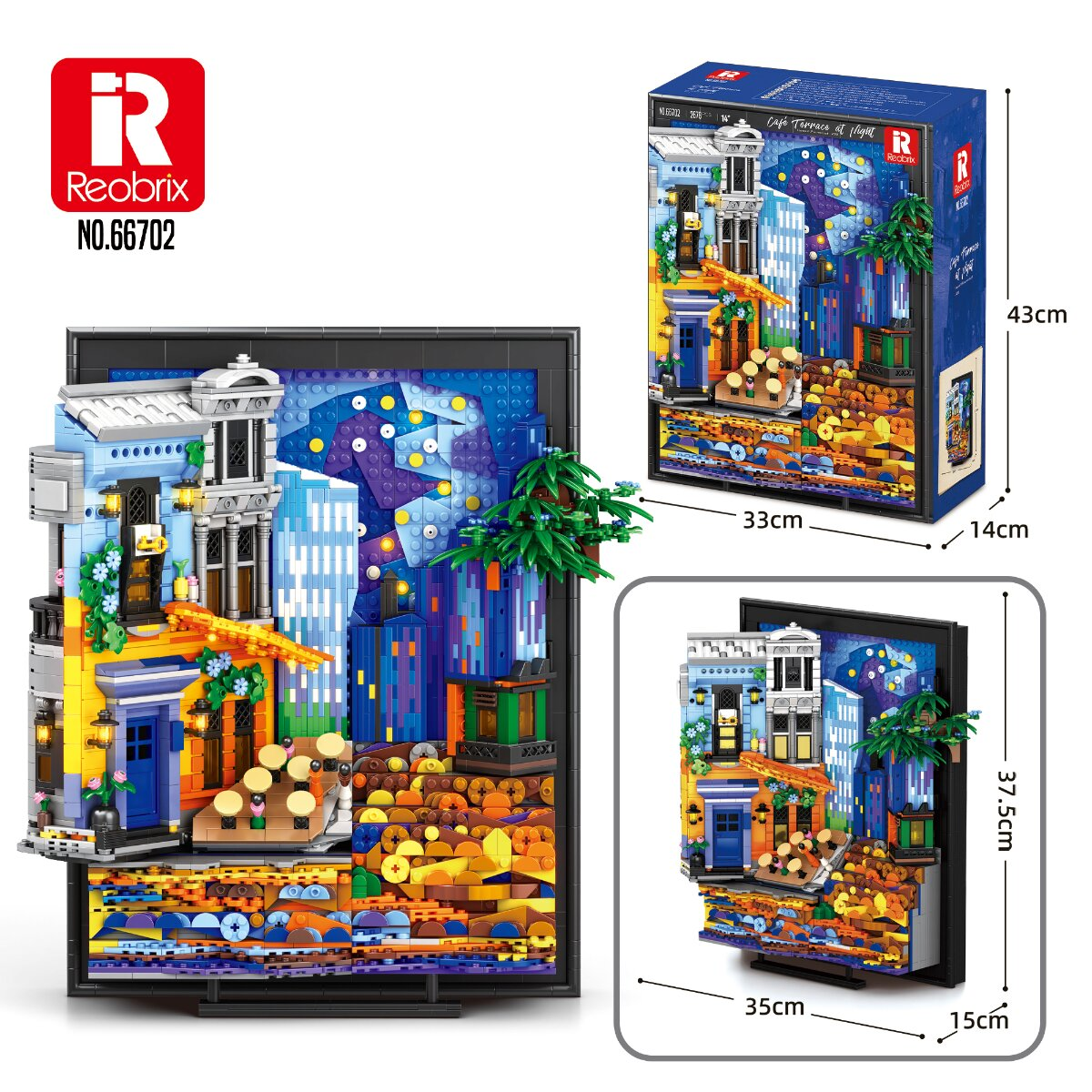 Ein buntes Reobrix Bausteinset, das van Goghs Gemälde Cafe-Terrasse bei Nacht in 3D darstellt, mit Verpackung und Maßen.