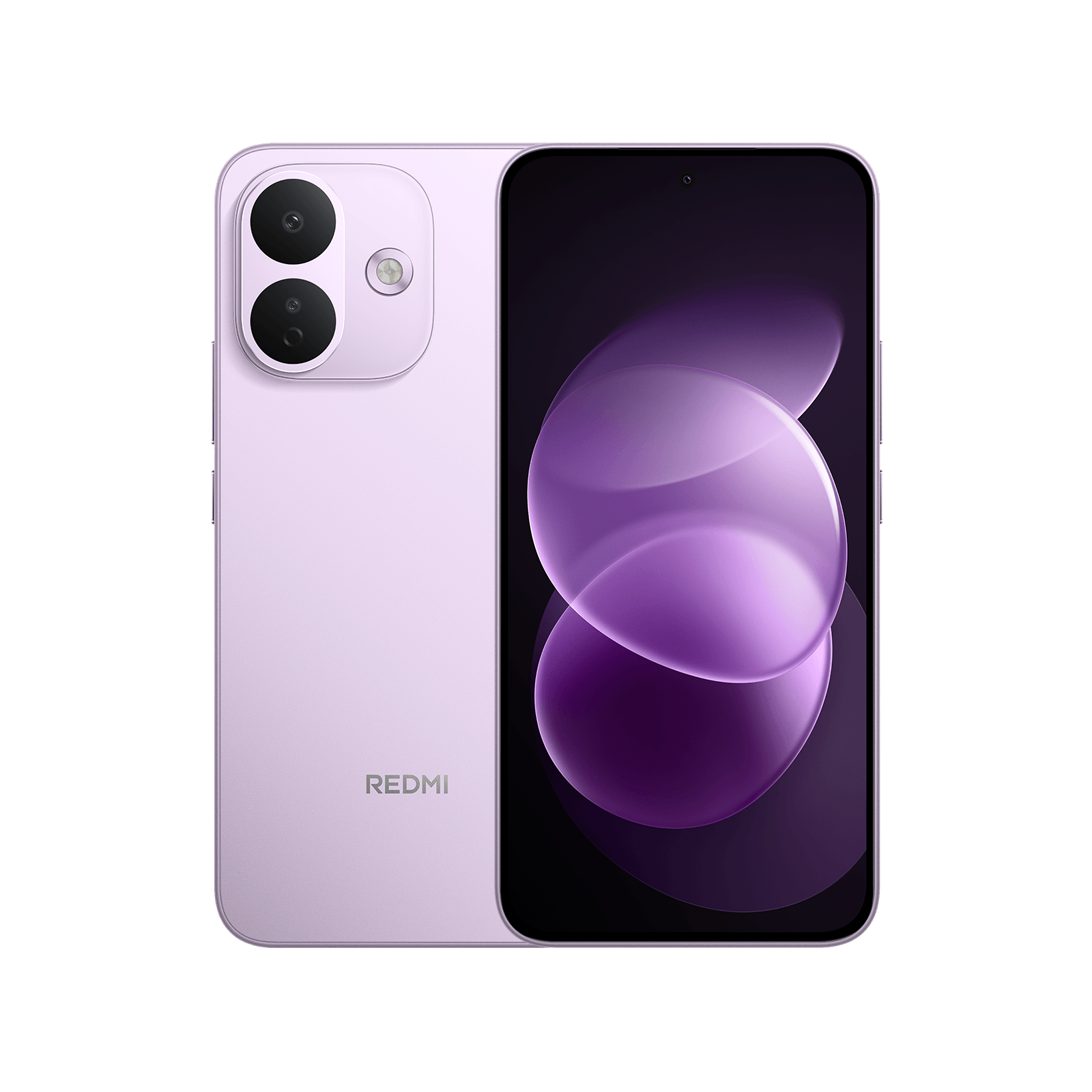 Ein hellviolettes Redmi-Smartphone mit zwei Rückkameras und einem lebendigen violetten Display auf schwarzem Hintergrund.