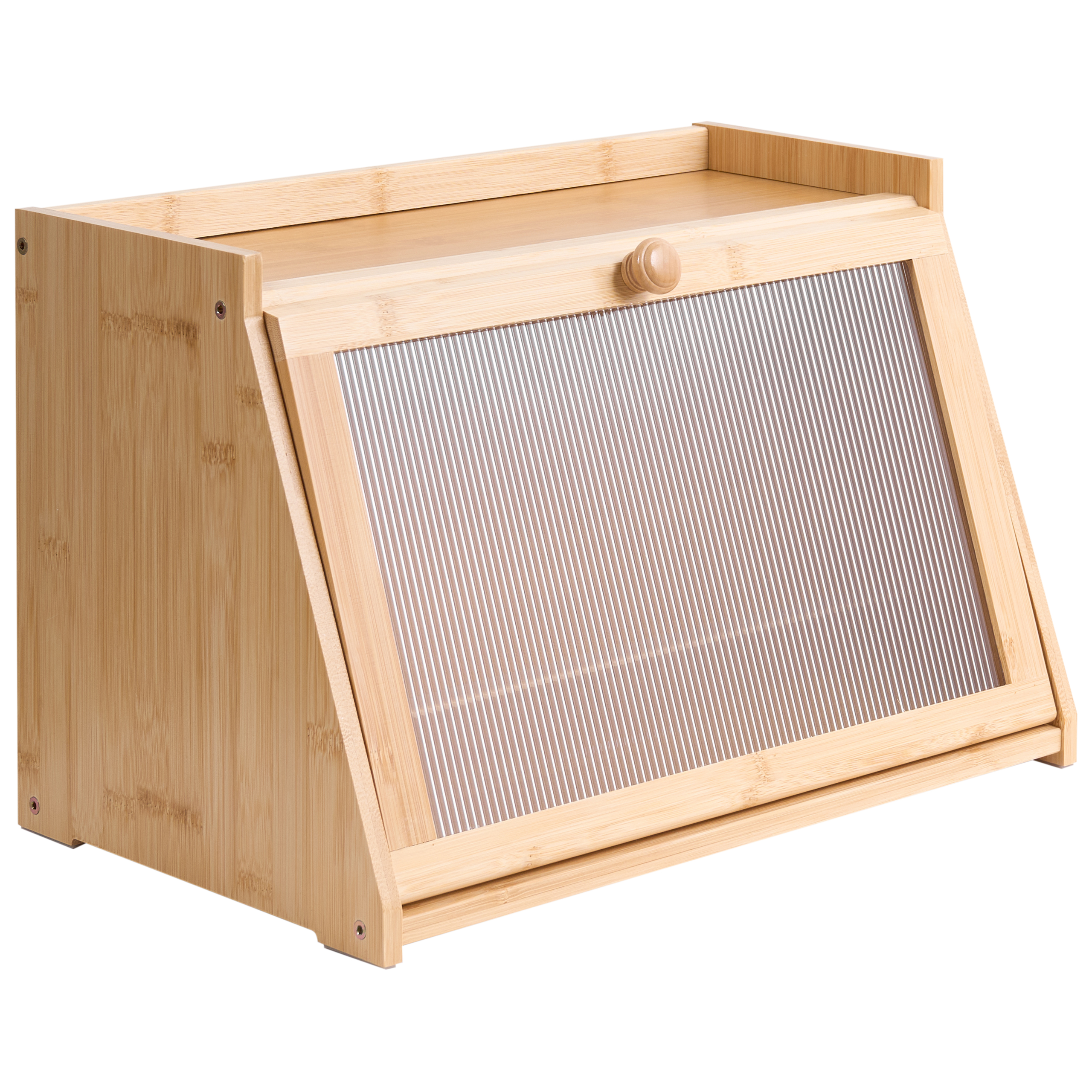Une boîte à pain en bois avec une porte en verre cannelé transparent et un petit bouton rond.