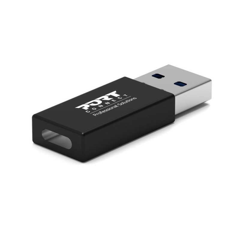 Ein schwarzer USB-Stick mit weißem Logo und einem silbernen USB-Anschluss auf weißem Hintergrund.