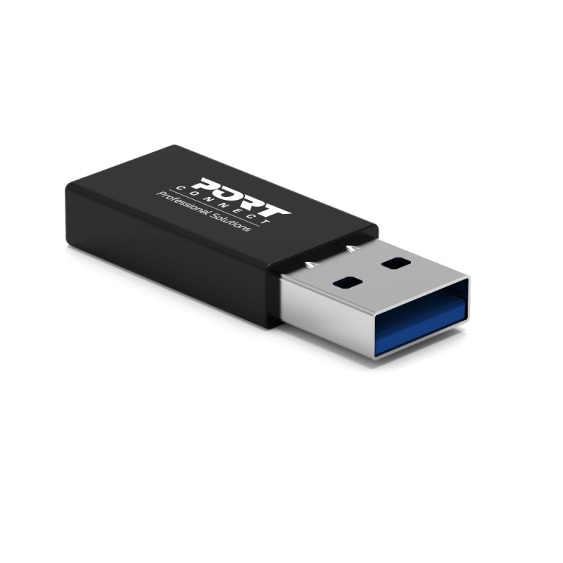 Ein schwarzer USB-Stick mit weißem Logo auf weißem Hintergrund.