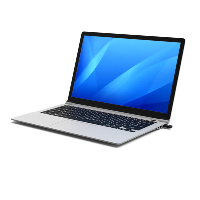 Ein silberner Laptop mit schwarzer Tastatur und blauem Bildschirm auf weißem Hintergrund.