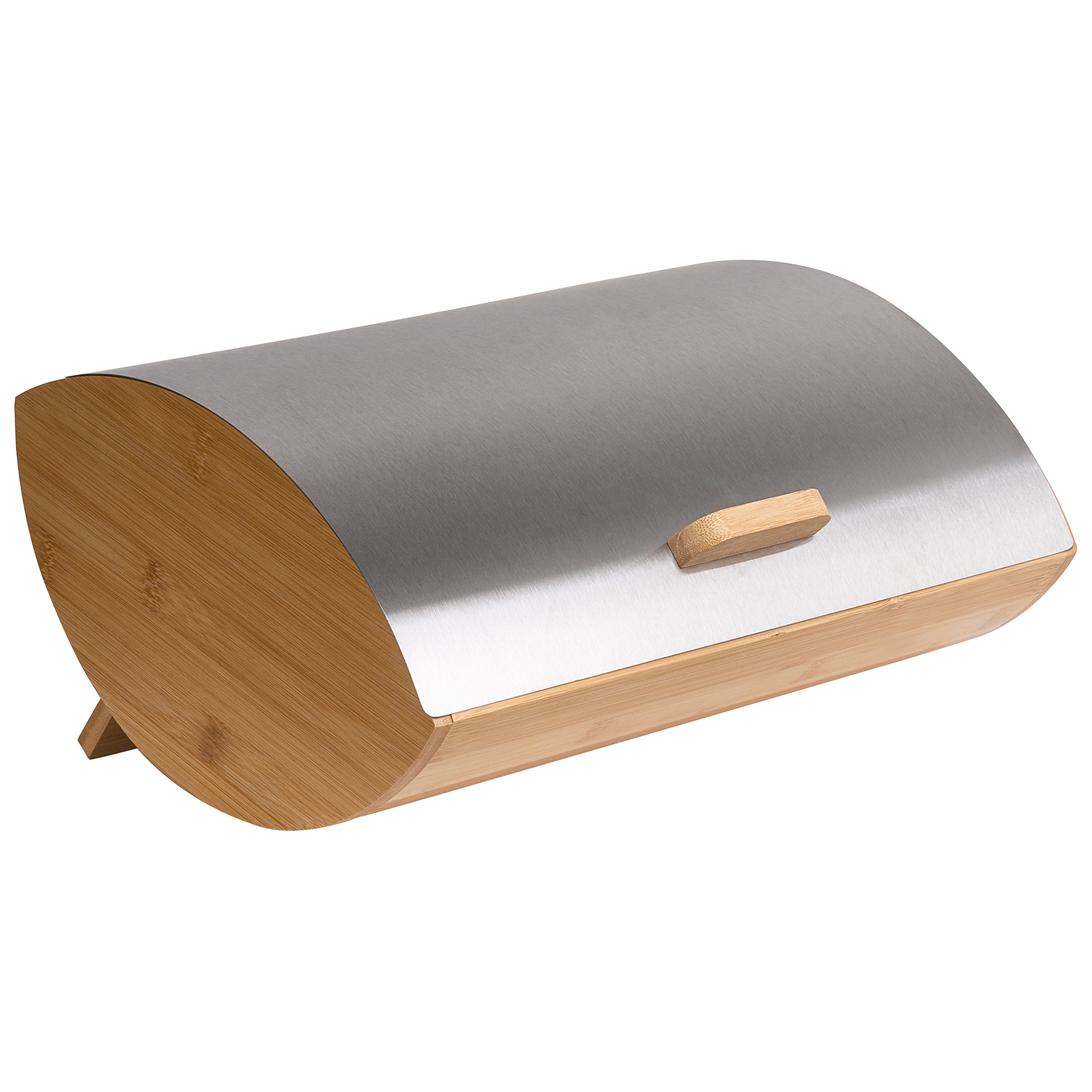 Boîte à pain moderne en bois et acier inoxydable avec une petite poignée.