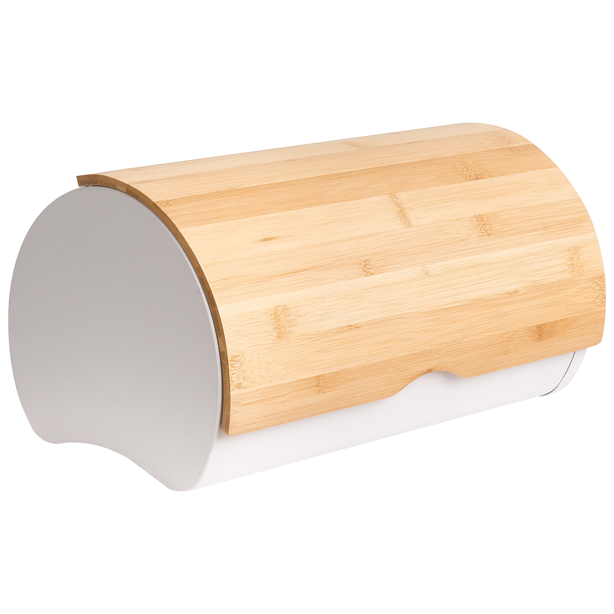 Boîte à pain moderne avec un corps blanc et un couvercle en bois.