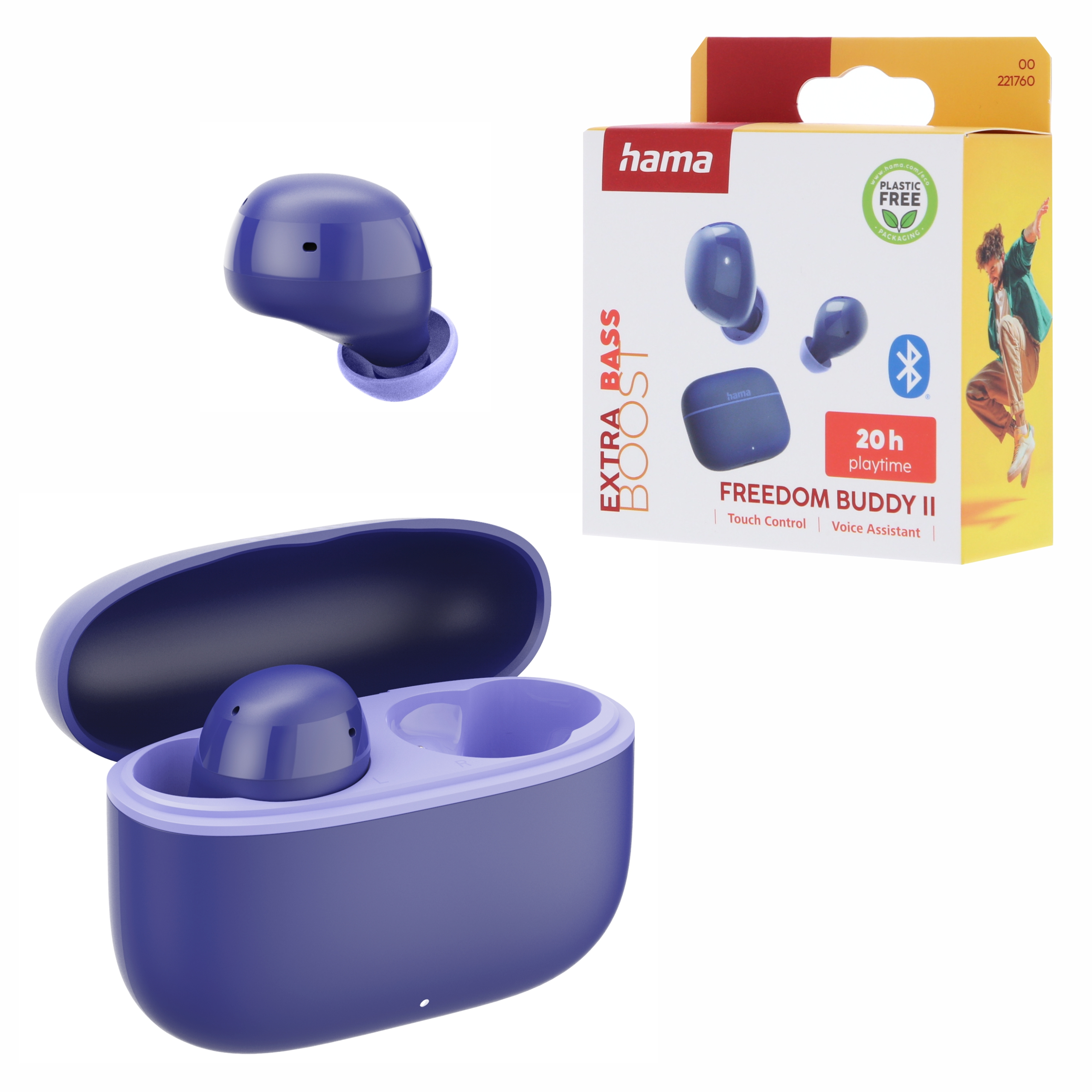 Lila Hama Freedom Buddy II kabellose Ohrhörer mit Ladecase und Produktverpackung.