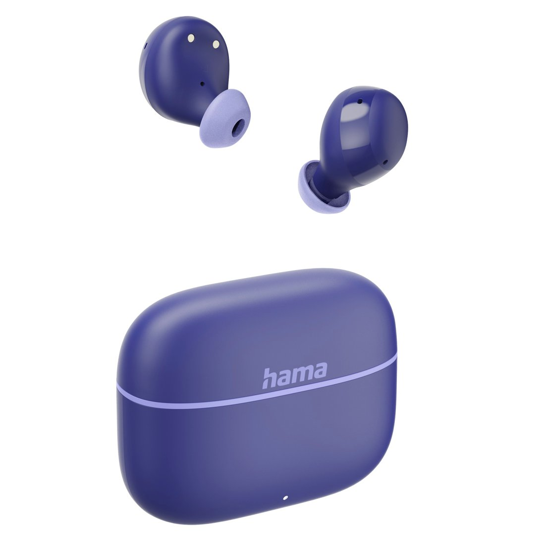 Blaue kabellose Ohrhörer mit Ladecase und Hama-Logo auf weißem Hintergrund.