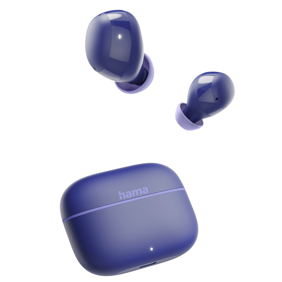 Dunkelblaue In-Ear-Kopfhörer mit Ladecase und dem Markennamen Hama auf weißem Hintergrund.