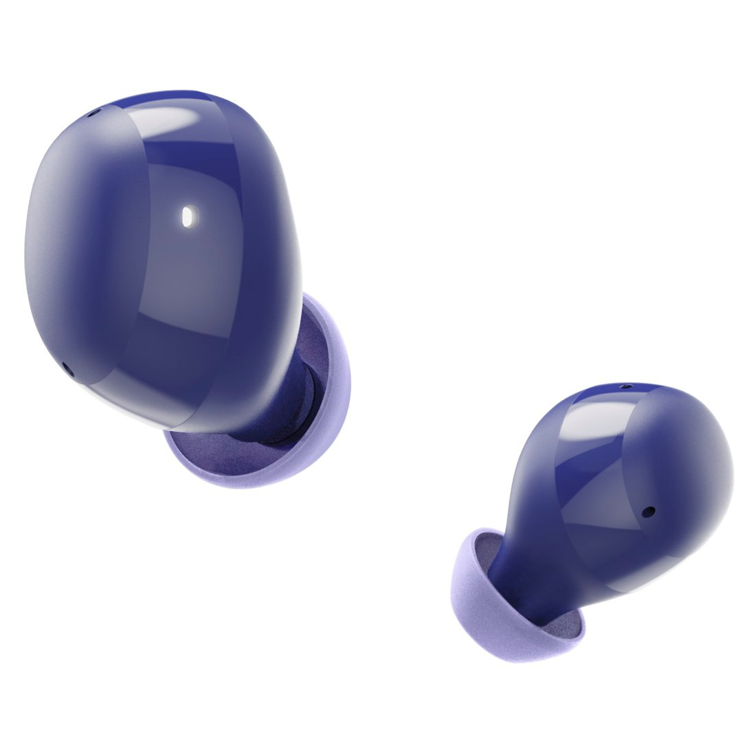 Blaue In-Ear-Kopfhörer mit hellvioletten Silikonaufsätzen vor weißem Hintergrund.