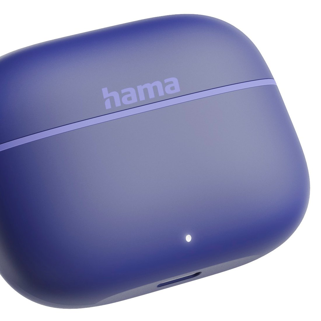 Ein blauer Hama-Ohrhörer-Ladecase mit einer kleinen Leuchtdiode an der Vorderseite.