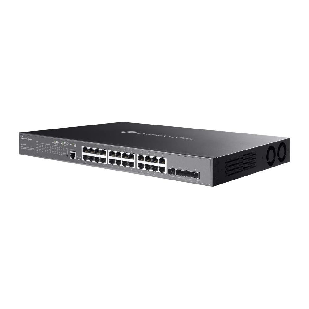 Czarny przełącznik sieciowy z wieloma portami ethernet i kontrolkami na białym tle.