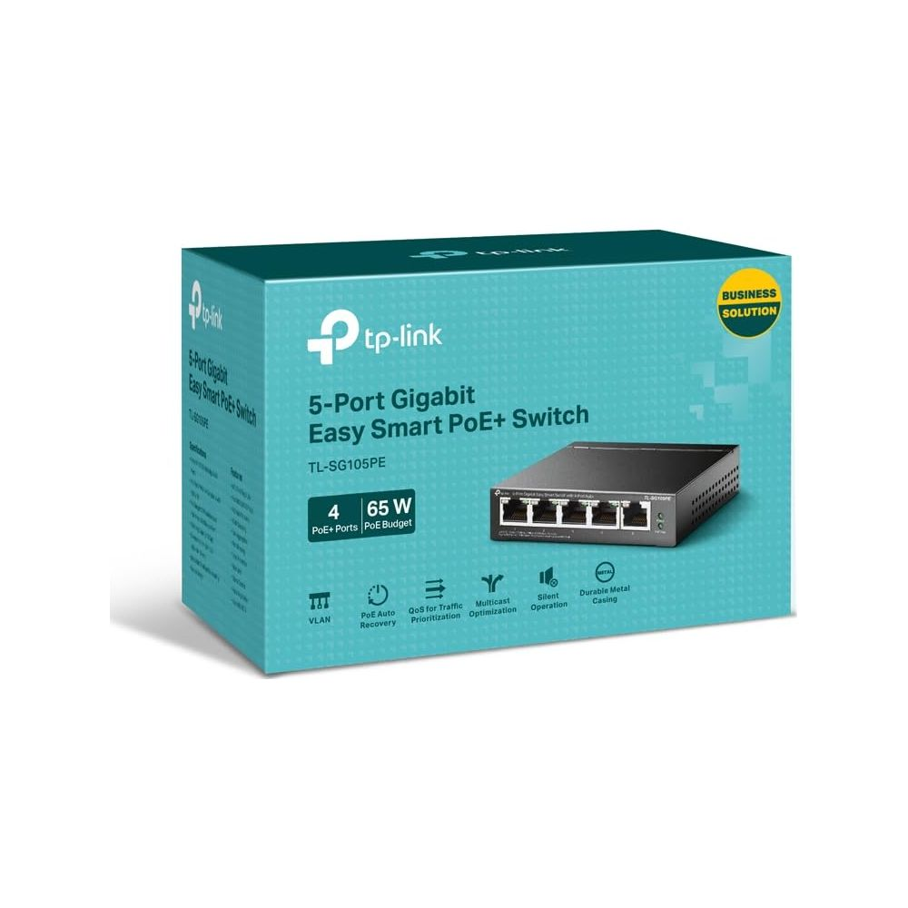 Turkusowe pudełko TP-Link 5-Port Gigabit Easy Smart PoE+ Switch ze zdjęciem produktu i ikonami na białym tle.