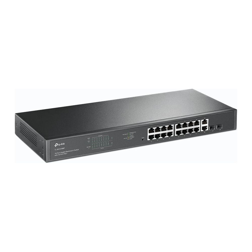 Czarny przełącznik sieciowy TP-Link z 16 portami na białym tle.
