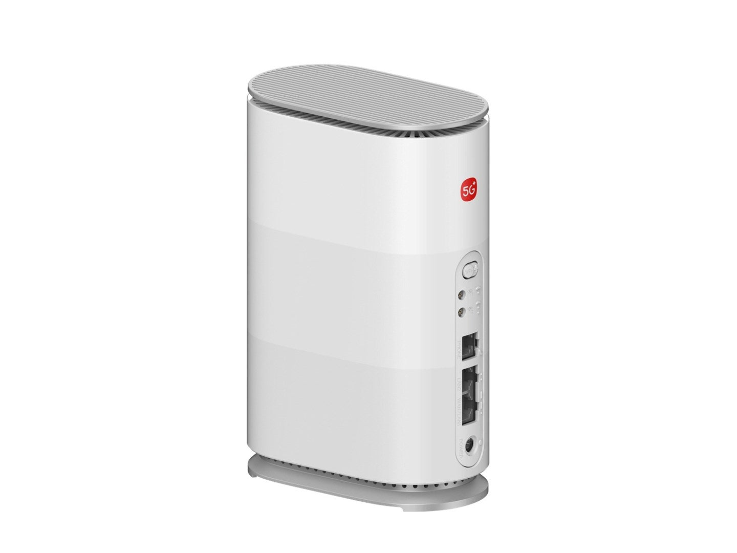 Biały, owalny router 5G z portami i czerwonym logo 5G na białym tle.