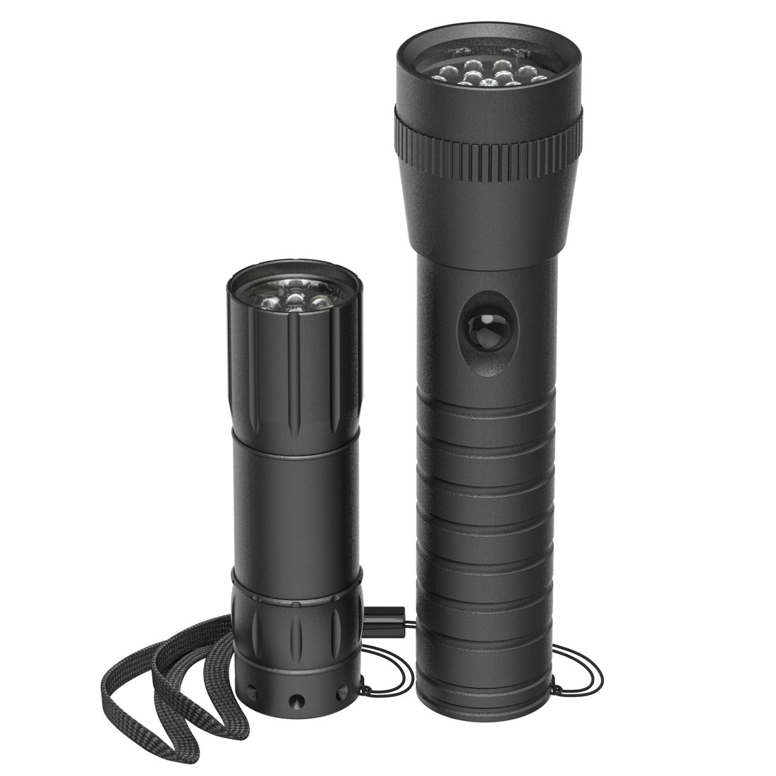 Zwei schwarze LED-Taschenlampen stehen auf weißem Hintergrund, eine mit Handschlaufe.