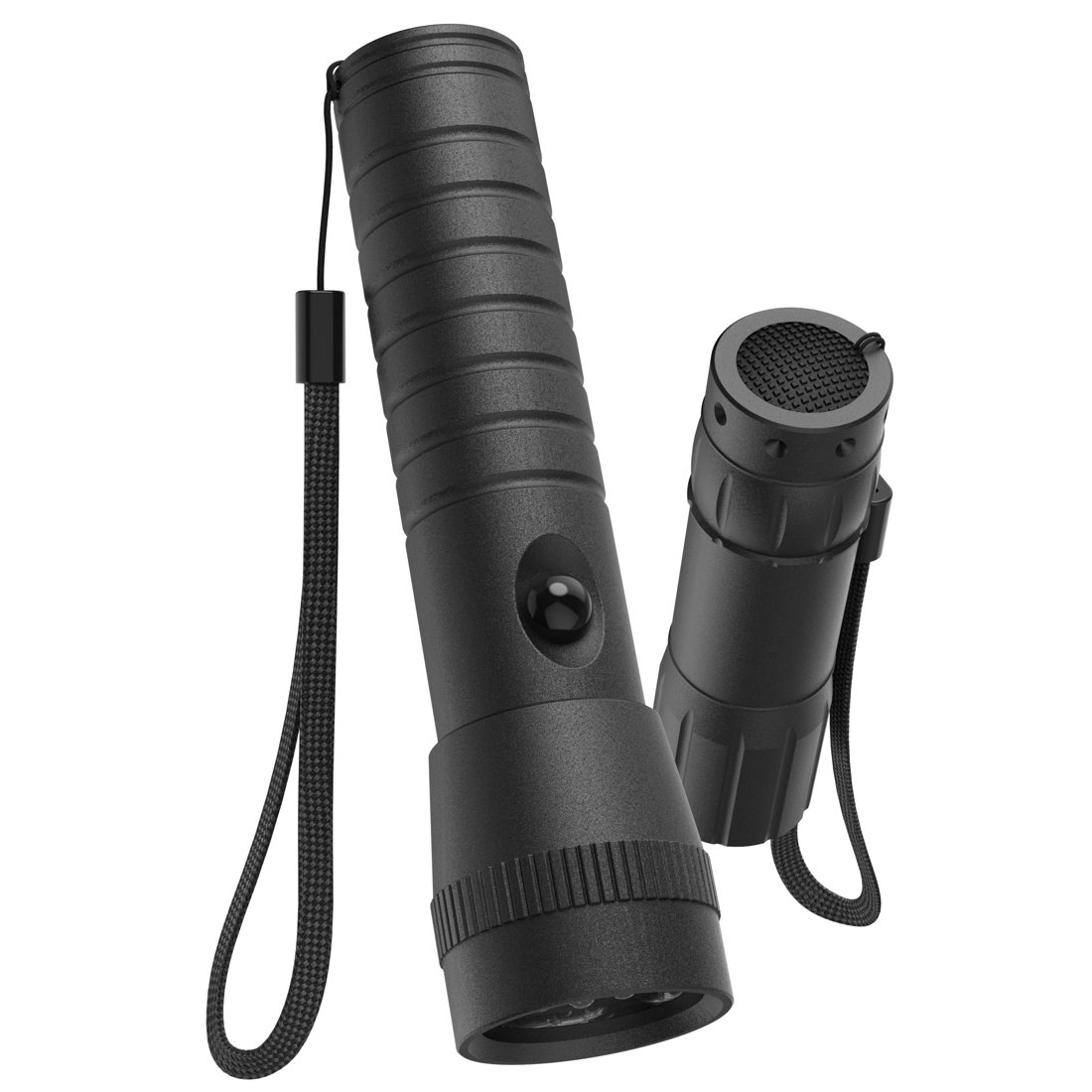 Zwei schwarze Taschenlampen mit geripptem Gehäuse und Handschlaufe vor weißem Hintergrund.