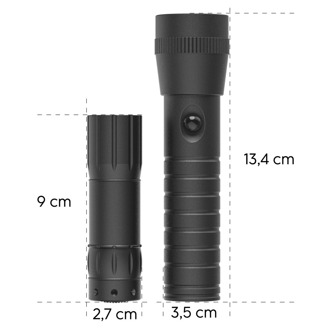 Zwei schwarze Taschenlampen mit Höhen- und Breitenmaßen in Zentimetern auf weißem Hintergrund.