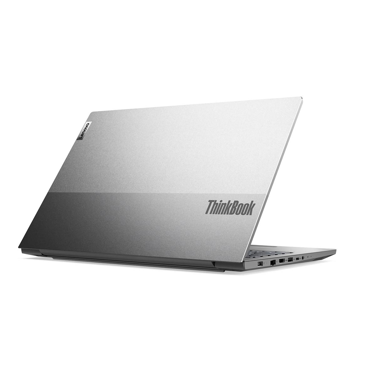 Ein geschlossener, silber-grauer Lenovo ThinkBook Laptop von hinten mit zweifarbigem Metalldesign.