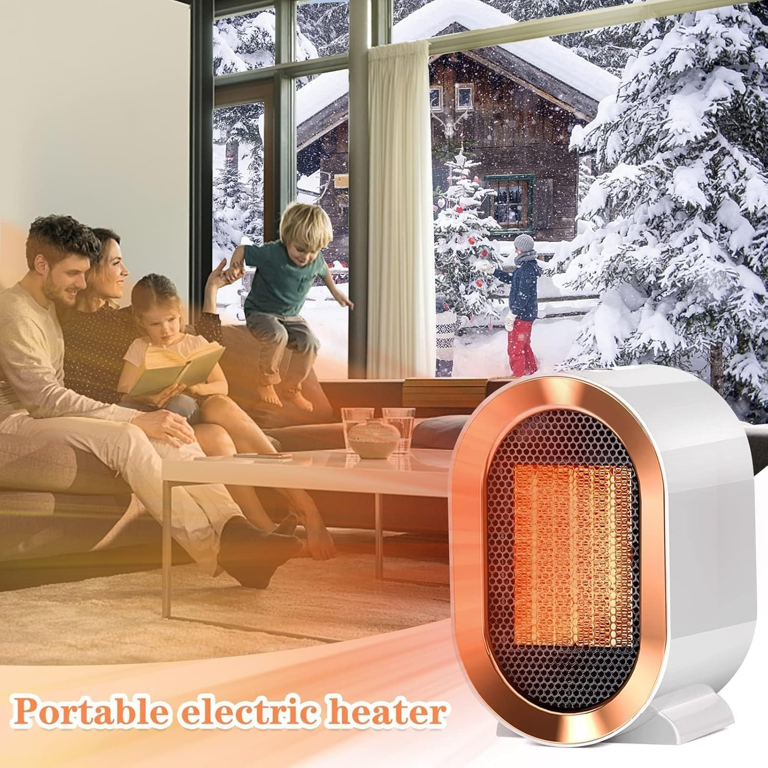 Ein moderner, tragbarer Elektroruheizer im Vordergrund, während eine Familie in einer schneebedeckten Hütte entspannt.