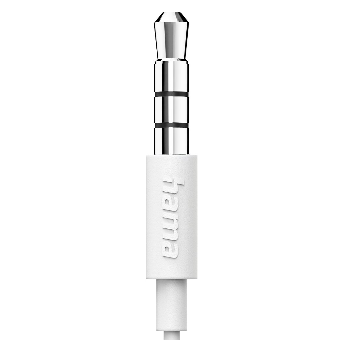 Biały wtyk jack 3,5 mm ze srebrną wtyczką i logo Hama na białym tle.
