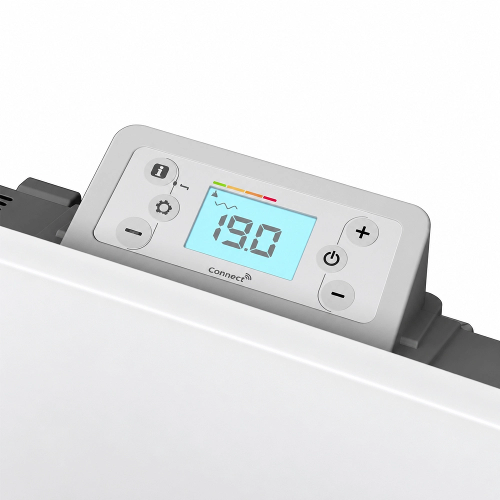 Ein weißes Heizgerät mit einem hellblauen Digitaldisplay, das die Temperatur 19.0 anzeigt, umgeben von Bedienelementen.