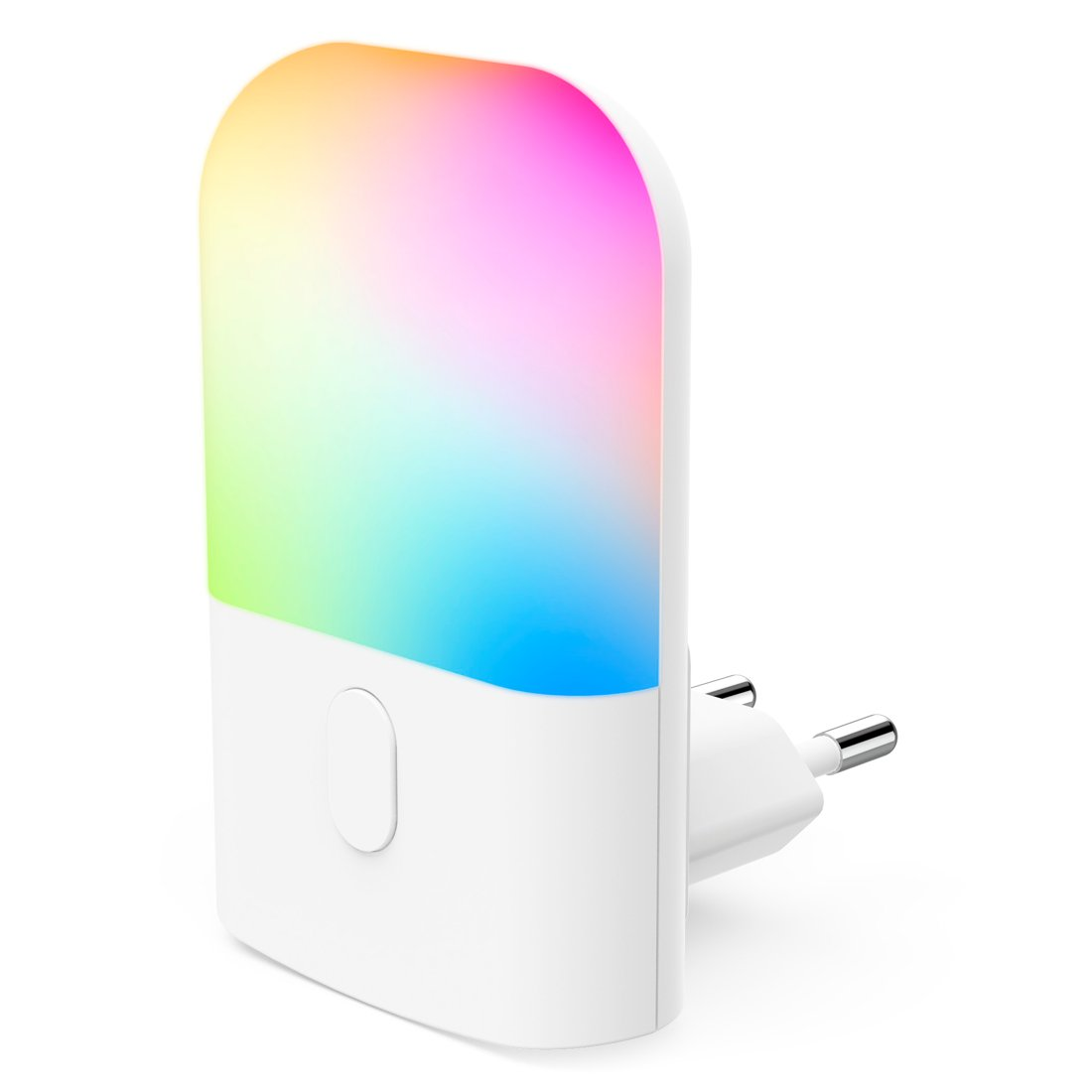 Una luce notturna bianca da presa con un pannello LED multicolore luminoso sul davanti.
