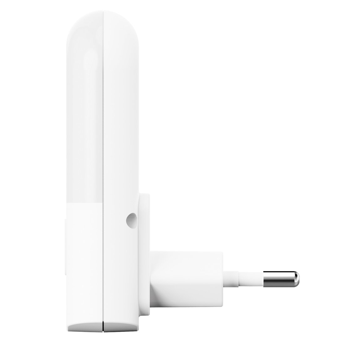 Vista laterale di un dispositivo elettronico bianco con spina.