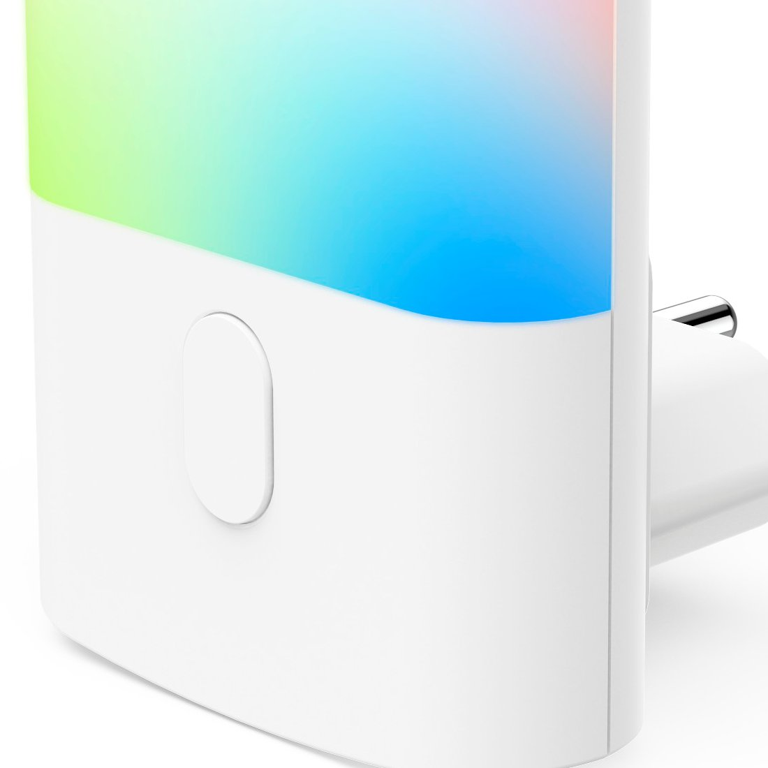 Una luce notturna bianca con colori LED vivaci e un pulsante di accensione rotondo sul davanti.