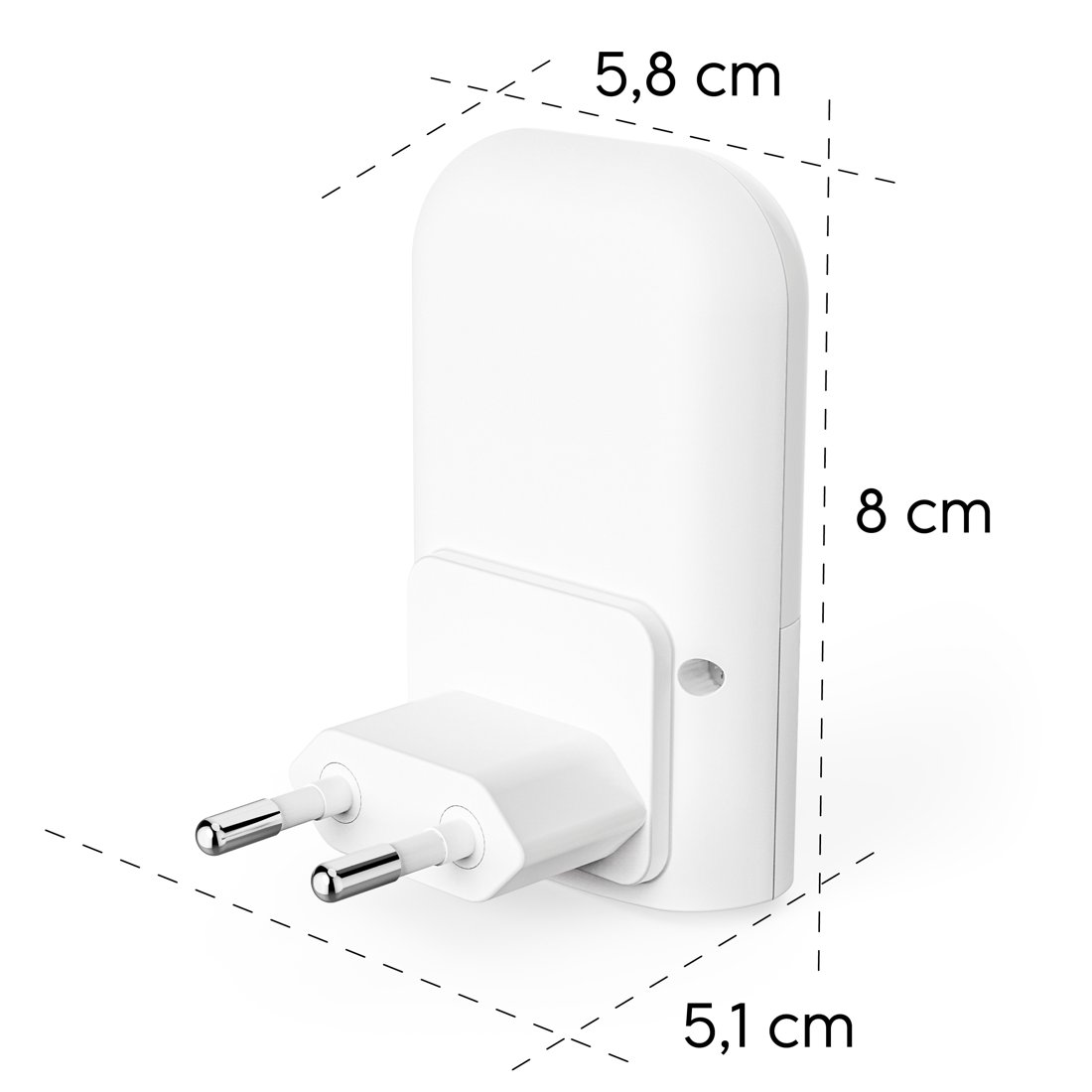 Adattatore per presa bianco con dimensioni di 5,8 cm di larghezza, 8 cm di altezza e 5,1 cm di profondità.