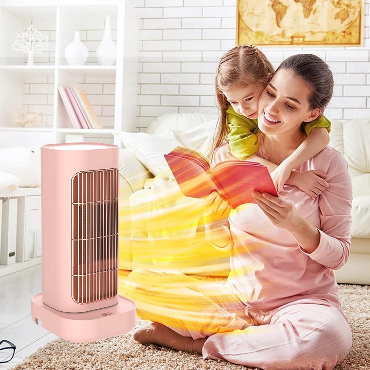 Rosa Turmventilator strahlt warme Luft auf eine Mutter und ein Kind, die auf dem Teppich ein Buch lesen.