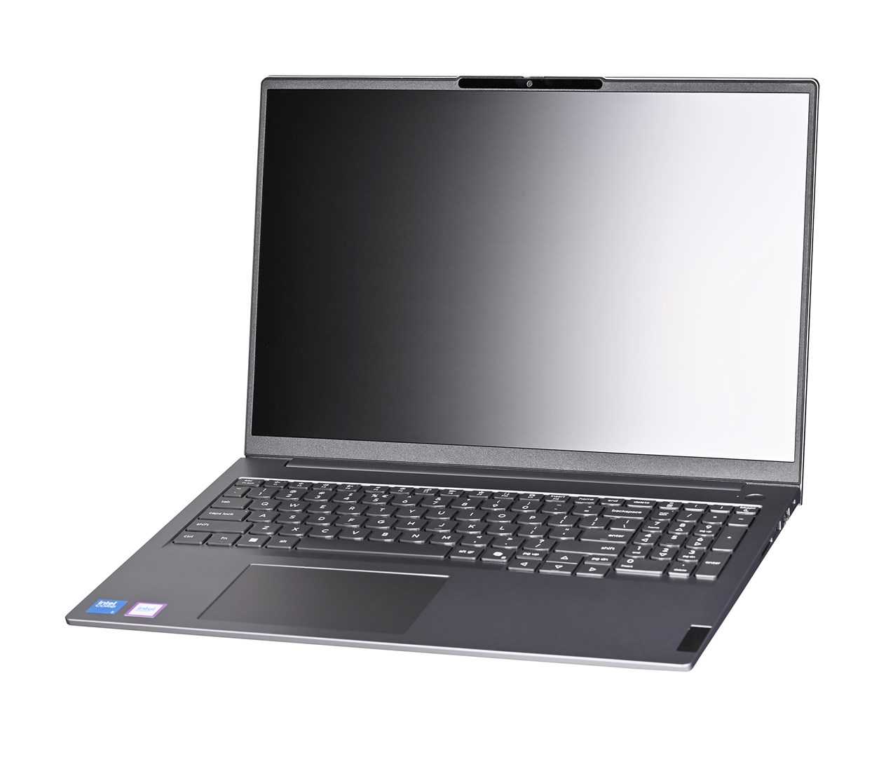 Szary laptop z podświetlaną klawiaturą i jasnym ekranem na białym tle.