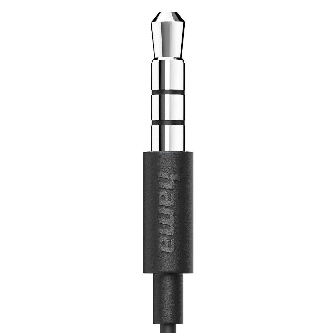 Zbliżenie srebrnego wtyku audio 3,5 mm z czarną obudową i kablem na białym tle.