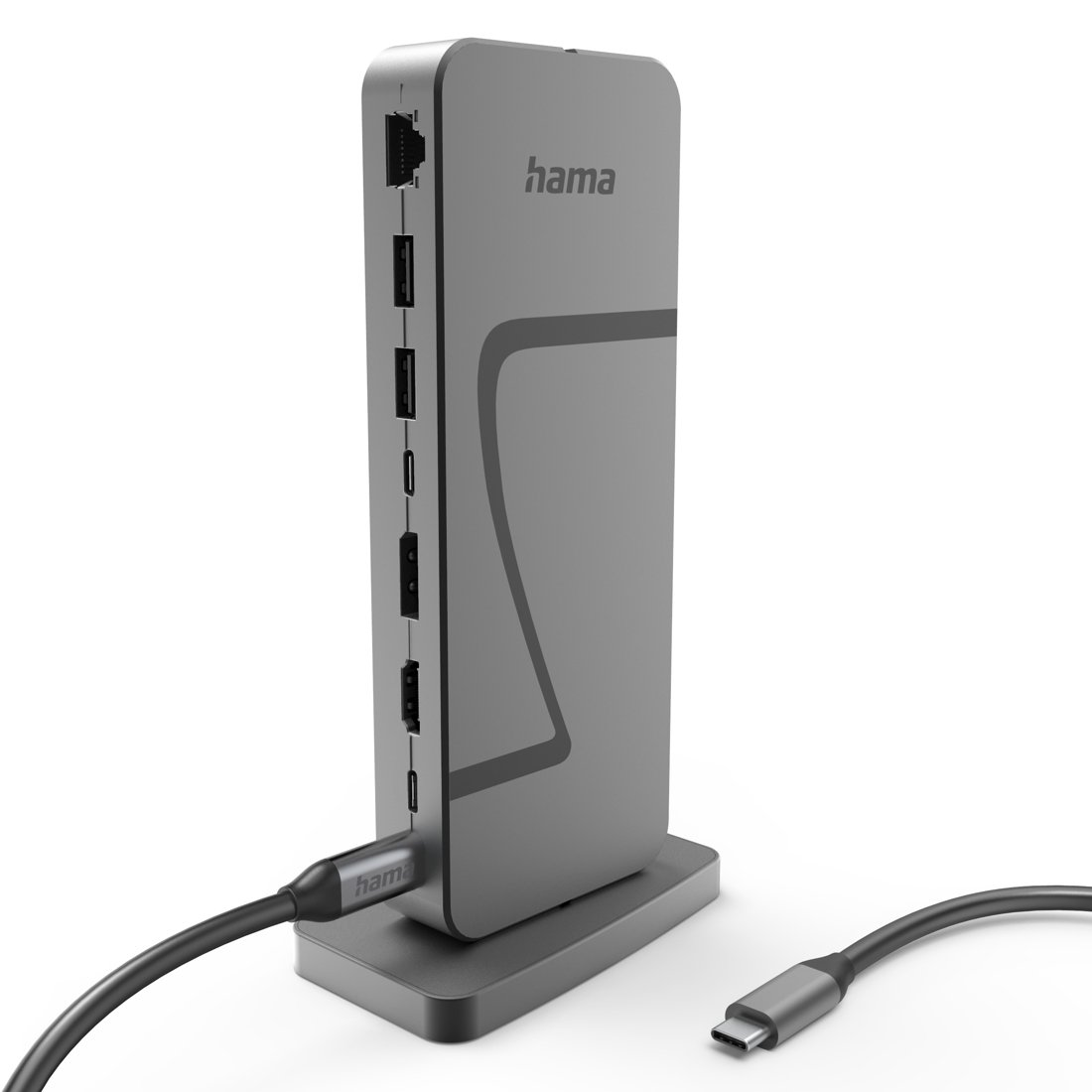 Szary hub dokujący USB-C Hama z wieloma portami na pionowej podstawce i podłączonymi kablami.