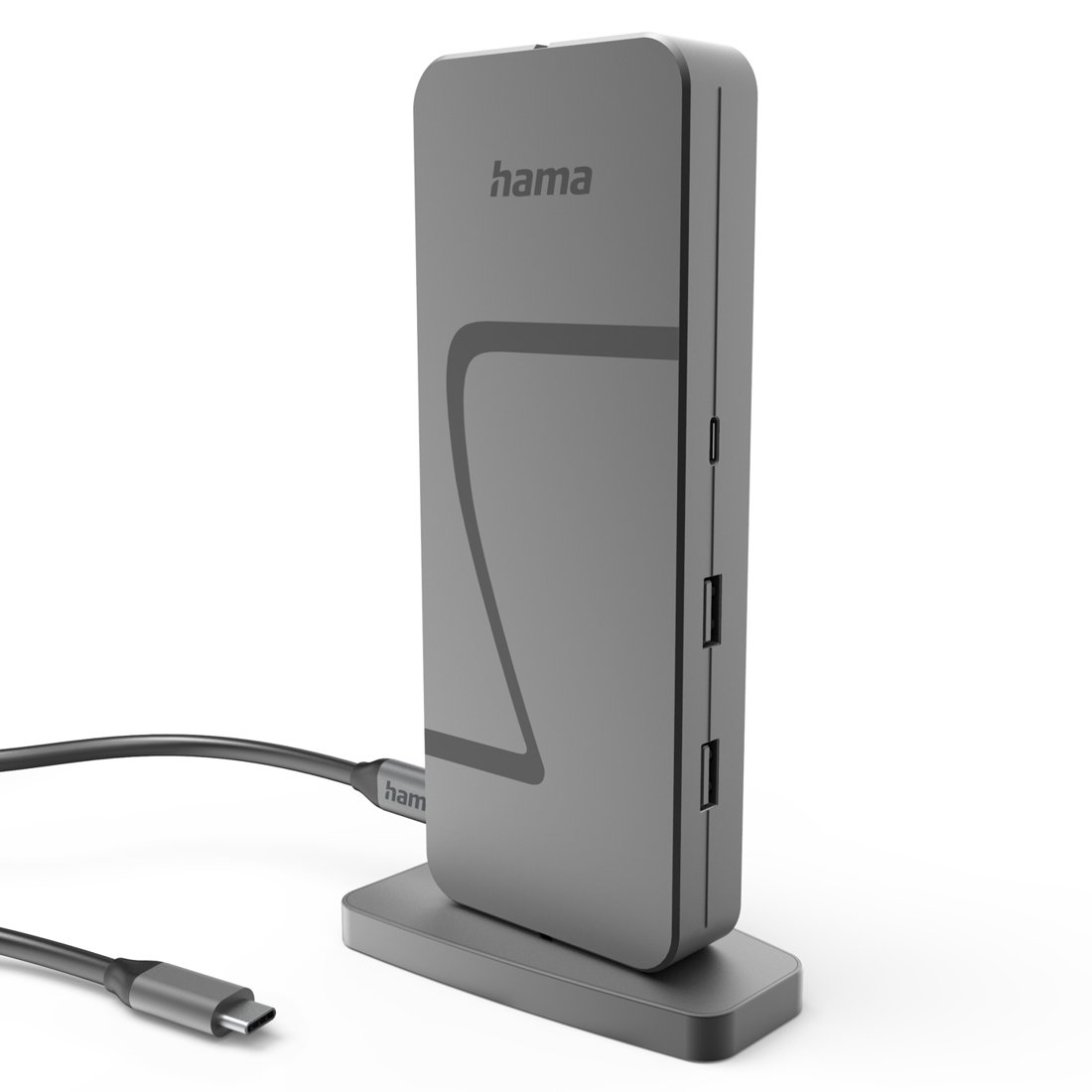 Szary hub USB-C Hama w podstawce z podłączonym kablem na białym tle.