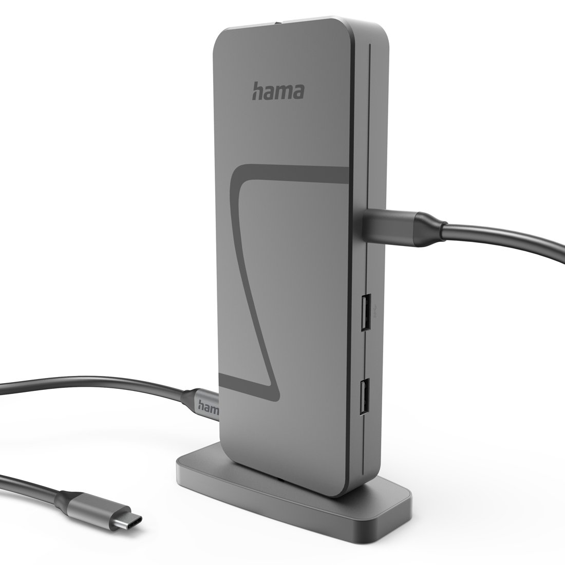 Szary hub USB-C Hama na podstawce z podłączonymi kablami na białym tle.