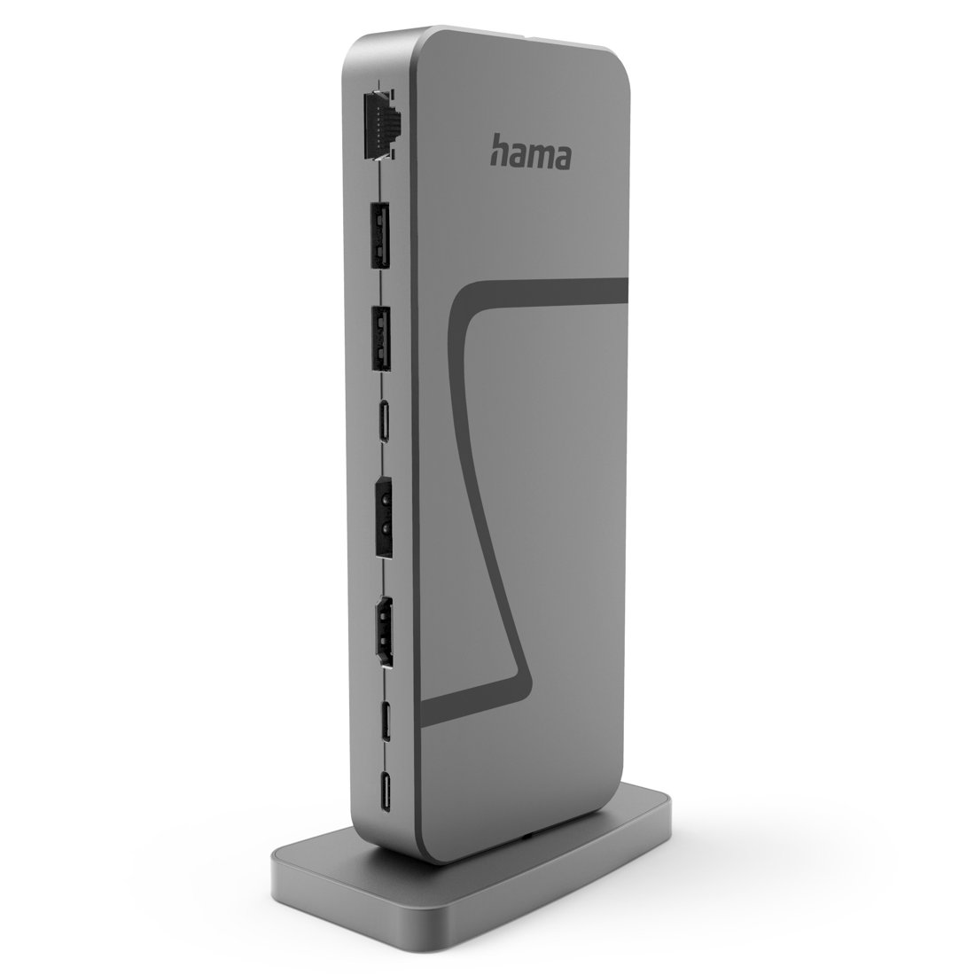 Szara stacja dokująca USB-C Hama na stojaku z wieloma portami.