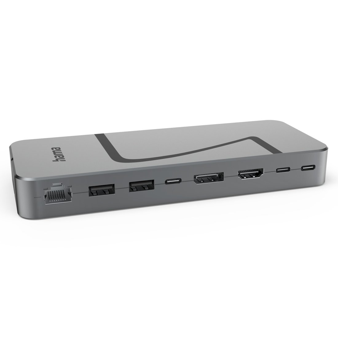 Szary hub USB-C marki Hama z różnymi portami na białej powierzchni.